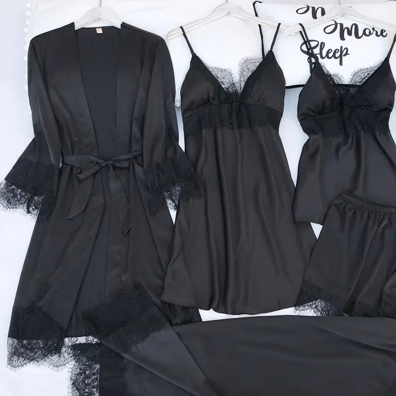 Women Pajamas Five Piece Set Spring Summer Sleepwear Nightgown Sexy Lace Bath Robe Gown Loose Silk Satin Home Wear Loungewear