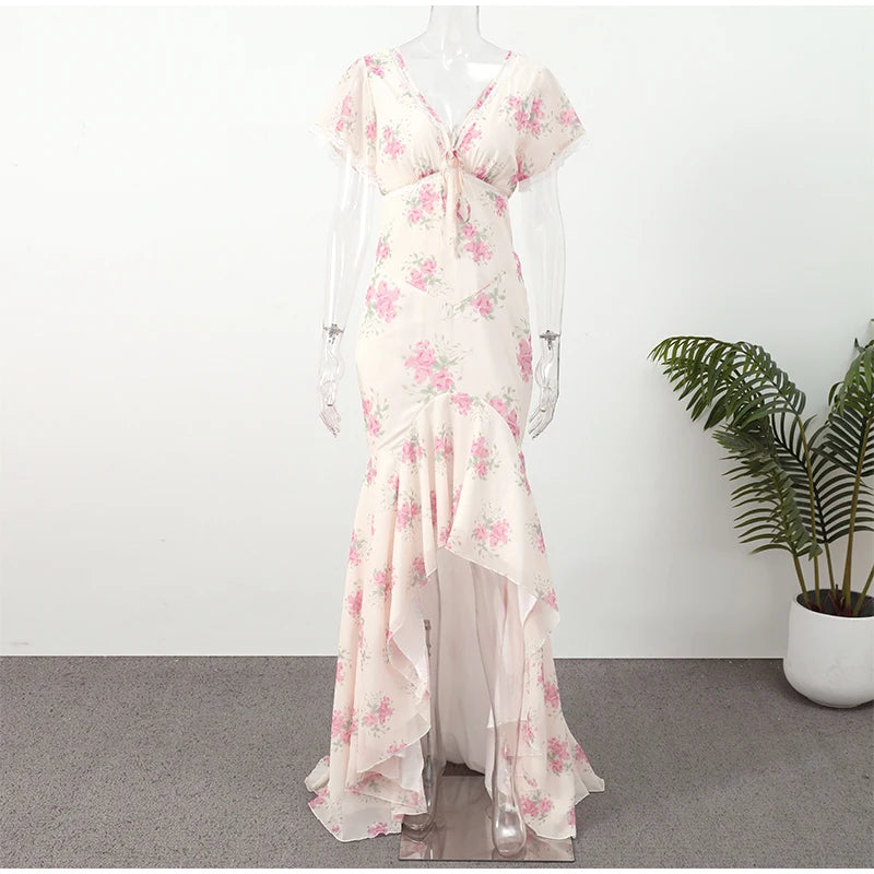 Women Elegant Printed Fishtail Dress Sexy V-neck Short Sleeve Waist-cinching Pleated Slim Maxi Dresses 2026 Lady Vacation Robe
