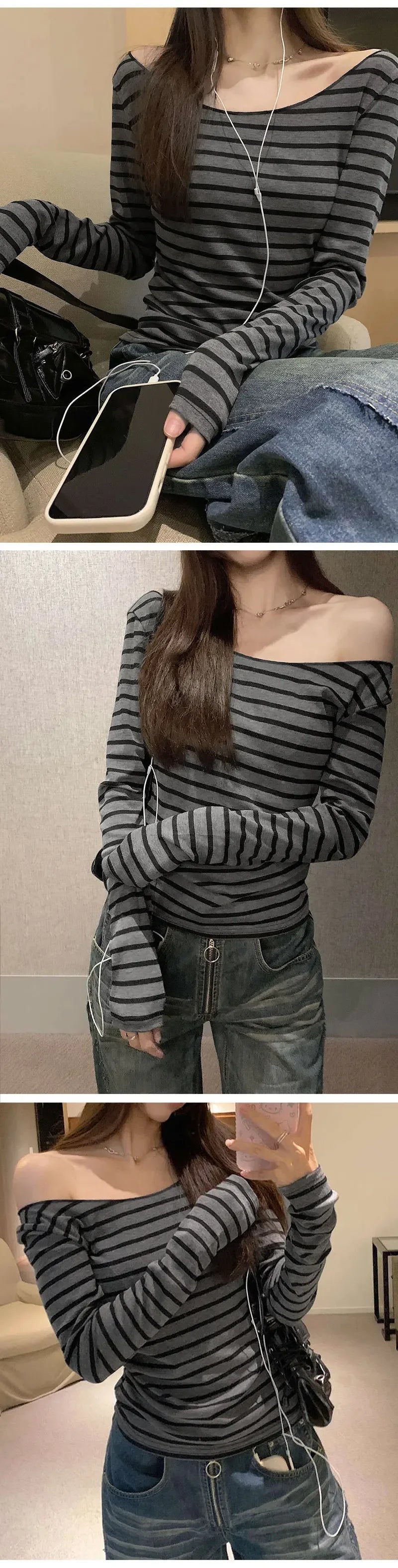 Womens Striped O Neck Long Sleeve Knit Top Slim Fit Korean Street Style