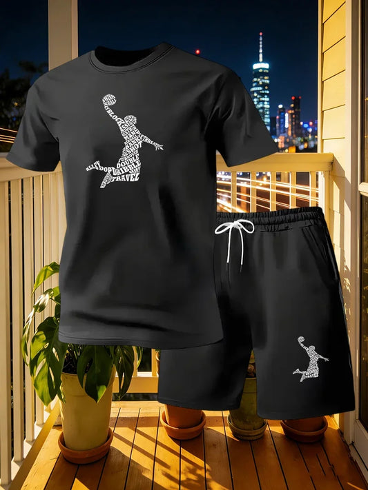 New Summer Fitness Sportswear for Men, Short-sleeved T-shirt and Shorts Two-piece Set, Breathable and Quick-drying Casual Wear.