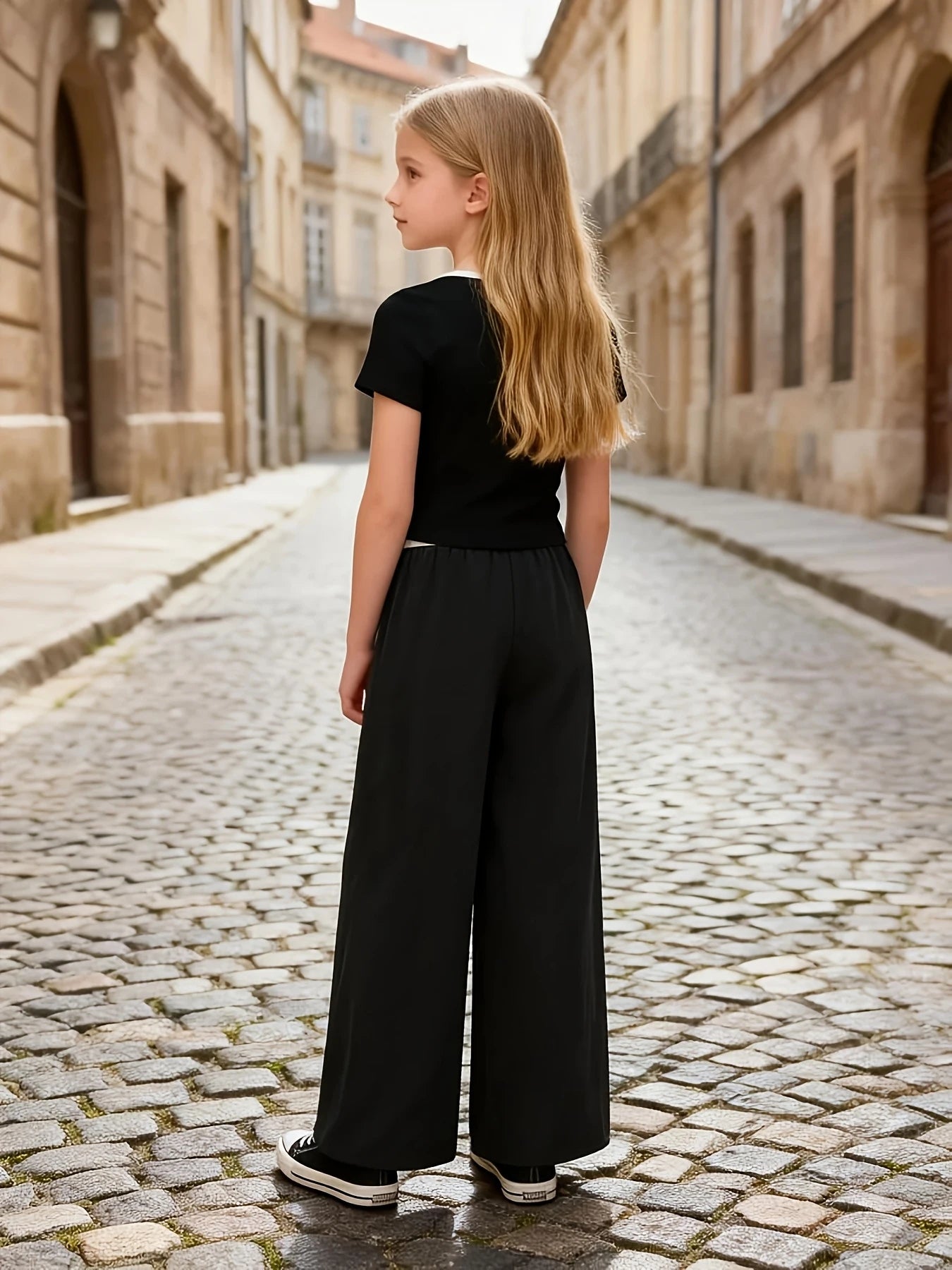 Kids Girls 2-Piece Casual Outfit, Square Neck White Bow Short Sleeve Crop Top & White Waistband Wide Leg Pants Set