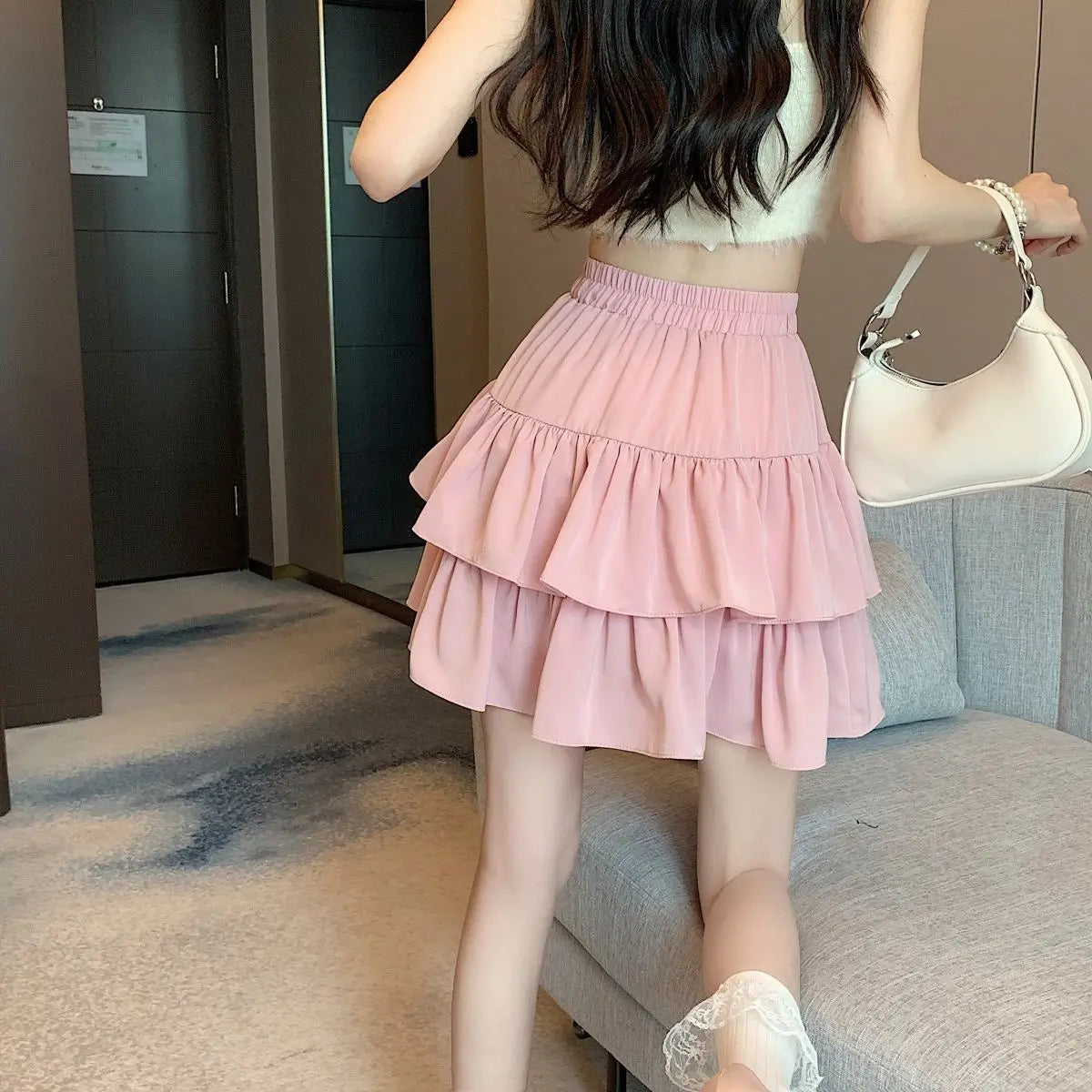 Ruffled Cake Skirts for Women High-waisted A-line Solid All-match Sweet Lovely Girls Korean Style Gentle Spring Kawaii Casual