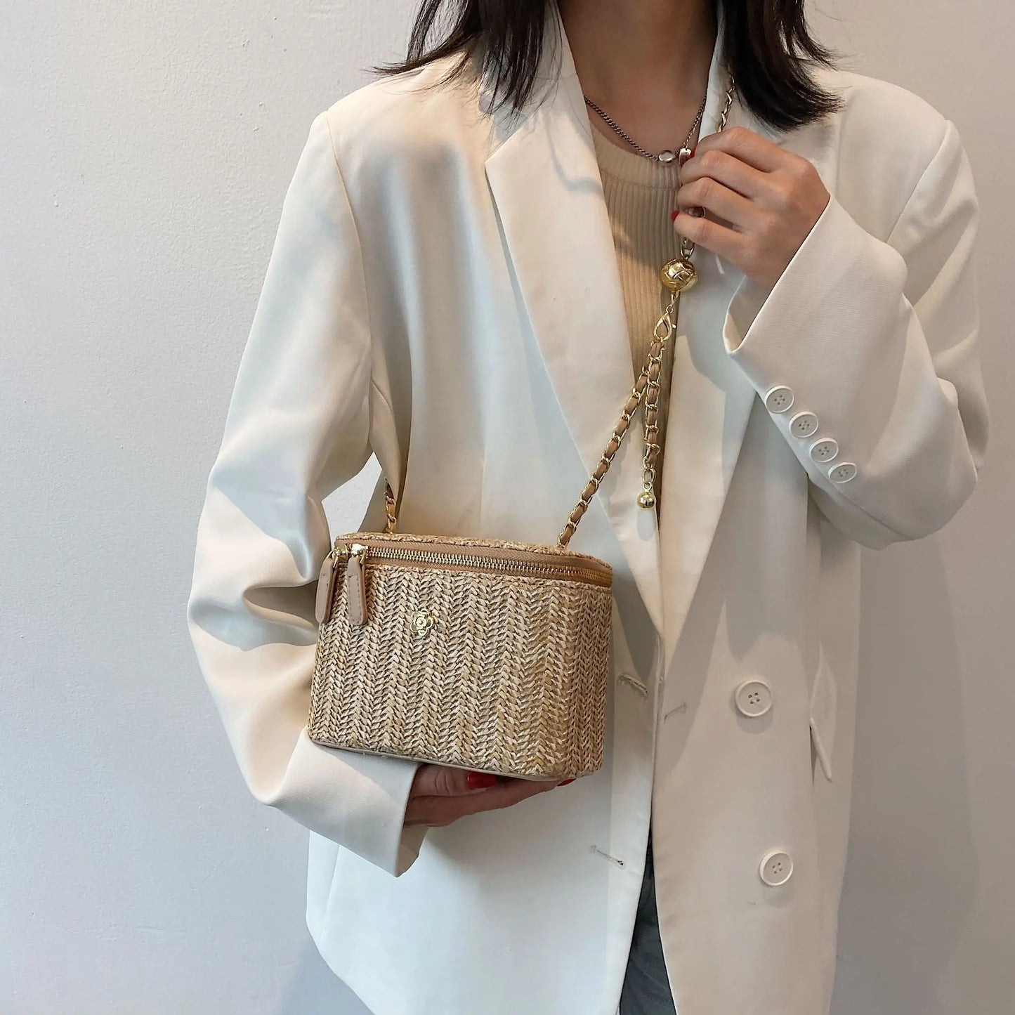 2023 Mini Straw Bucket Crossbody bag For Women Summer Weave Women's Brand Handbags And Purses Fashion Chain Simple Shoulder Bags