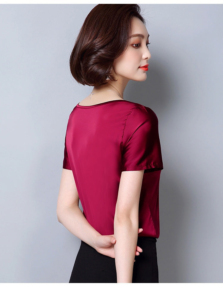 New outer wear silk round neck sling top satin short-sleeved stretch T-shirt large size bottoming shirt women