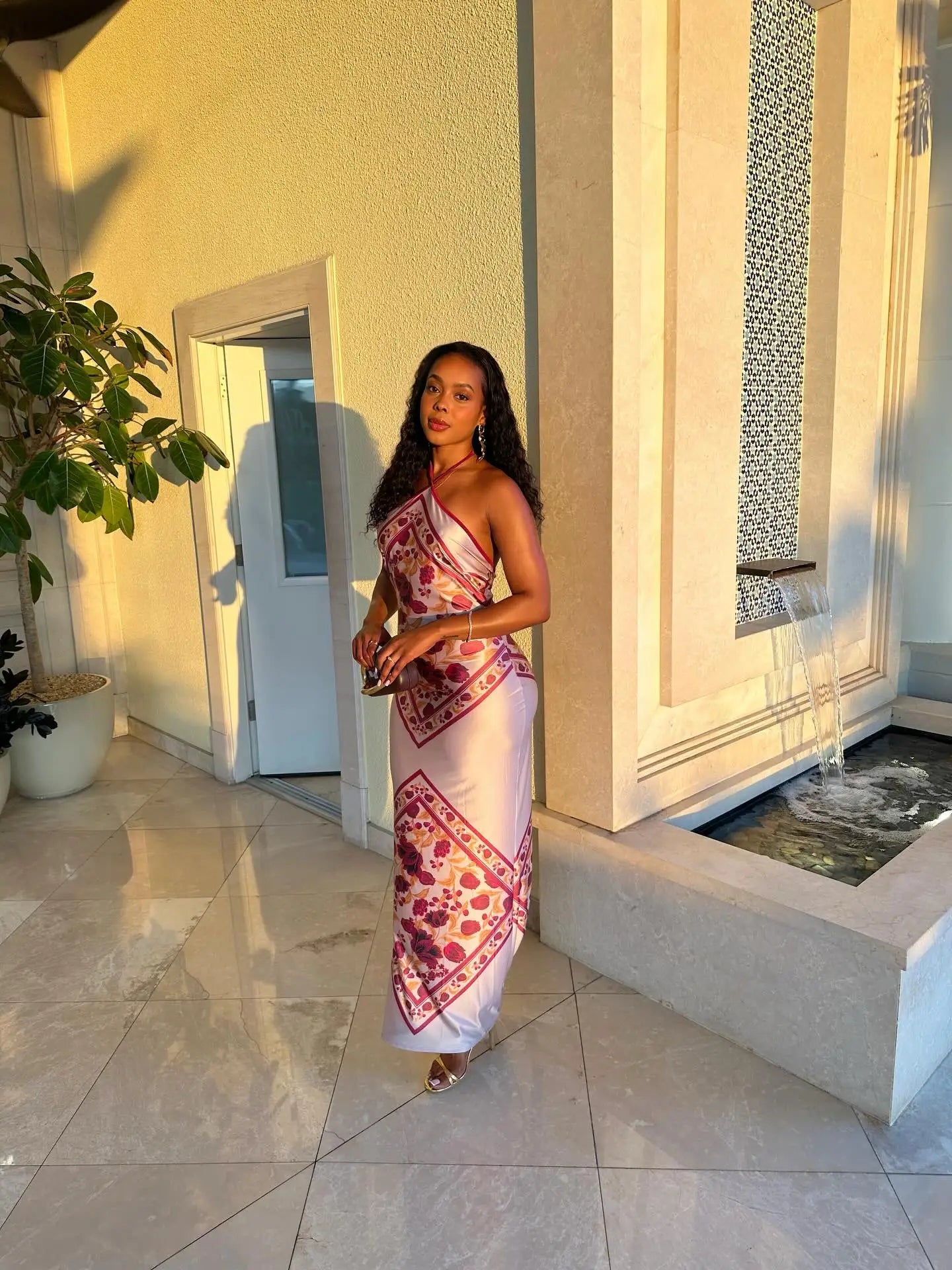 Chic Elegant Satin Dress Floral Print Slim Bodycon Women Dresses Evening Party Wedding Guest Summer Streetwear