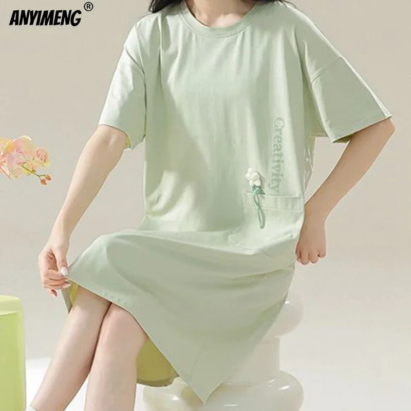 100% COTTON! M-4XL Plus Size Summer Women Nightgown Brand New Anti-bacterial HQ Nightdress Short Sleeves Sleepshirt Casual Dress
