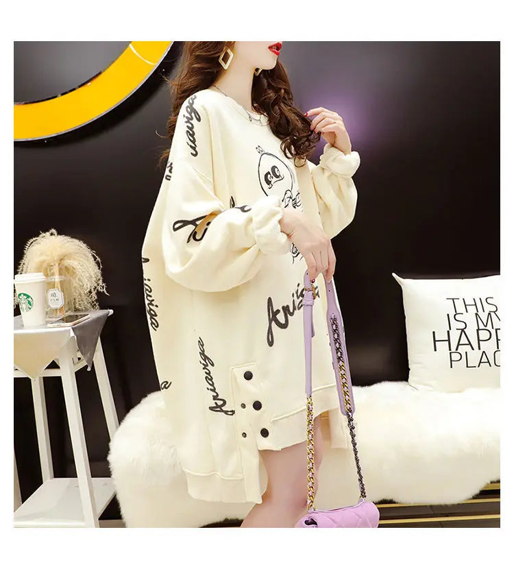 Spring Autumn Y2K Harajuku Printed Sweatshirts Women Round Neck Long Sleeve Mid-length Pullovers Korean Button Asymmetrical Tops