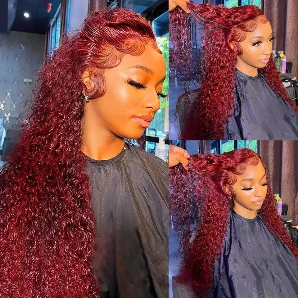 Burgundy 13x6 Hd Lace Front Human Hair Wig Curly Wig Red Wigs 40 Inch Transparent Lace Deep Wave Frontal Wig 99j 200 Density