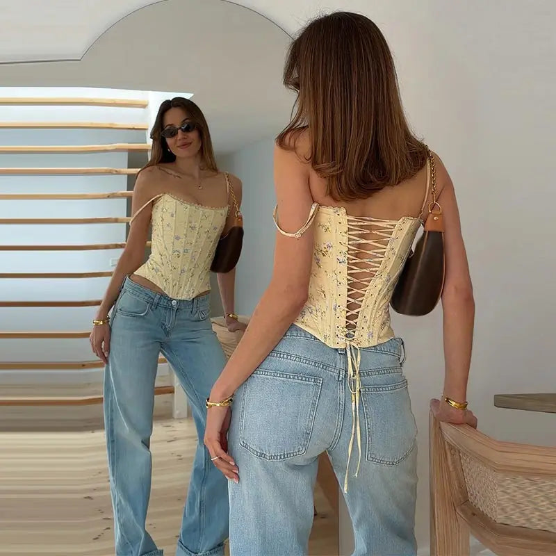 Sexy Print Fishbone Sling Tops Women Bandage Ribbon Patchwork Fitted Corset Female 2026 Summer New Chic Evening Party Tanks Lady