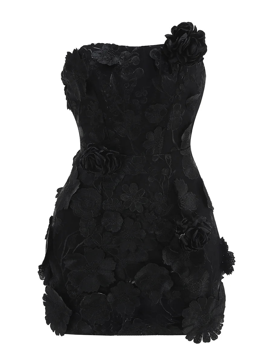 Women's 3D Floral Embroidery Backless Sleeveless Mini Dress Self Tie Evening Gown Elegant Short Dress for Party Cocktail Wedding