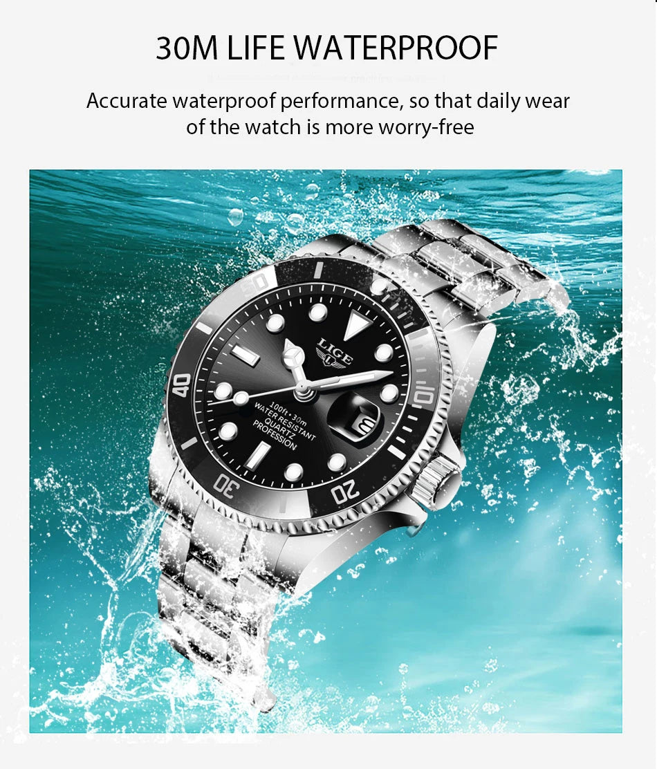 LIGE Top Original Men Quartz Watches Blue Waterproof Watch for Men Stainless Steel Quartz Men Luxury Watch Luminous Wristwatch