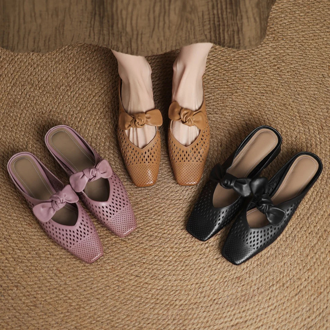 2025 Summer new plus size 34-41 women's hollow-out cow leather slip-on flats summer slides sandals sweet bowtie elegant mules