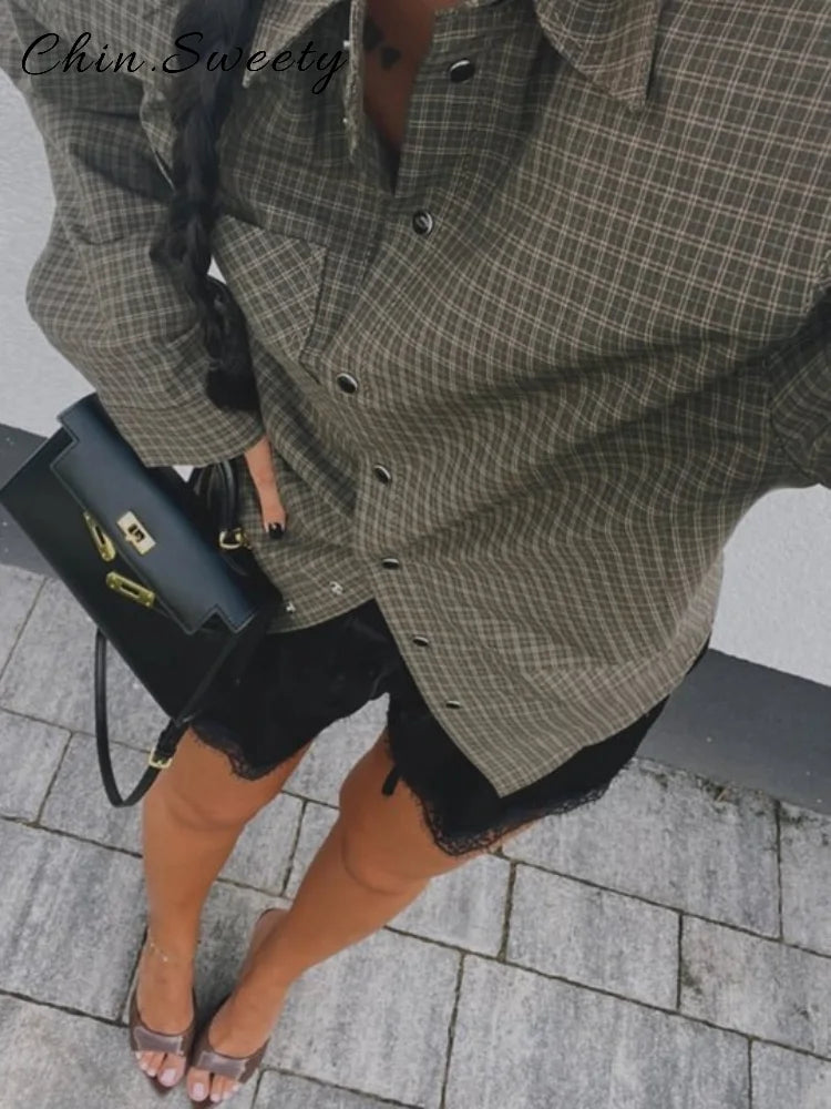 Casual Women's Green Plaid Shirts Loose Lapel Long Sleeve Single Breasted Pockets Female Shirt 2025 Autumn Lady All-match Tops