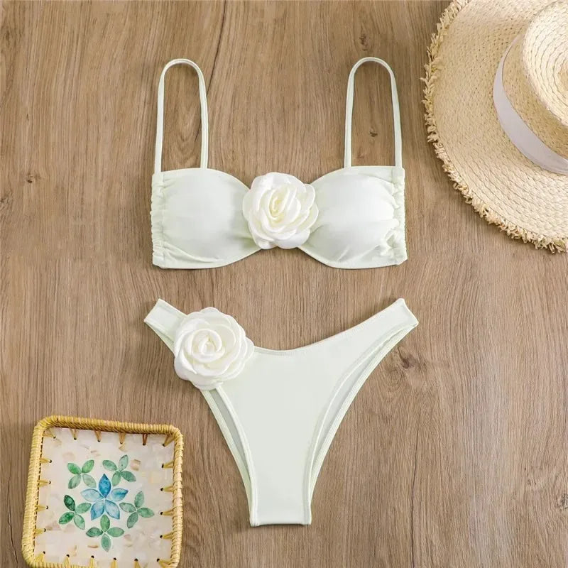 Women Two Piece Bikini Set 3D Floral Bandeau Swimwear Sexy Brazilian Bikini Lace Up Bathing Suit Separate Beachwear For Women