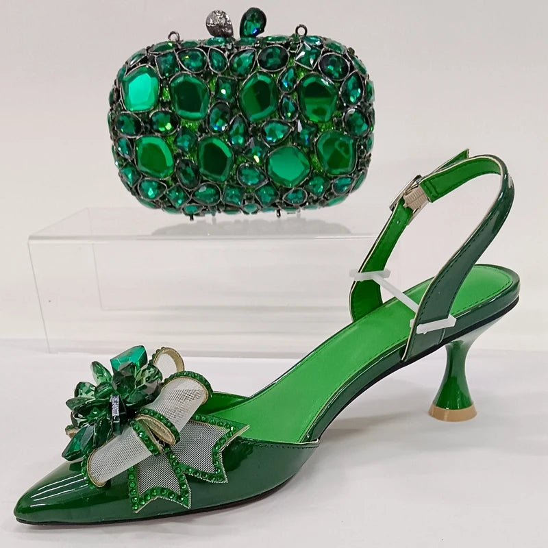 INSIGHTLINK Women Olive Green Pointed-Toe Sandals Women's High Heels Shoes and Bags for Party Rhinestone Evening Bags And Shoes