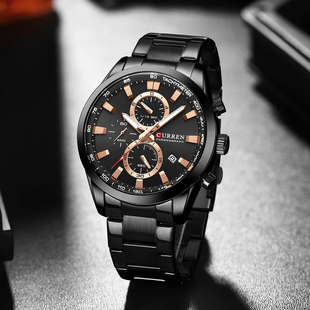 CURREN  New Sports Multifunction Stainless Steel Band Watches Fashion Brand Quartz Men's Wristwatches with Date