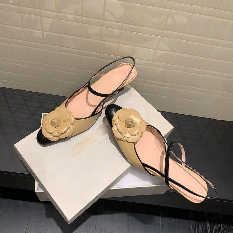 NEW Summer Women Sandals Split Leather Shoes for Women Round Toe High Heel Modern Sandals Flower Slingback Mixed Colors Shoes