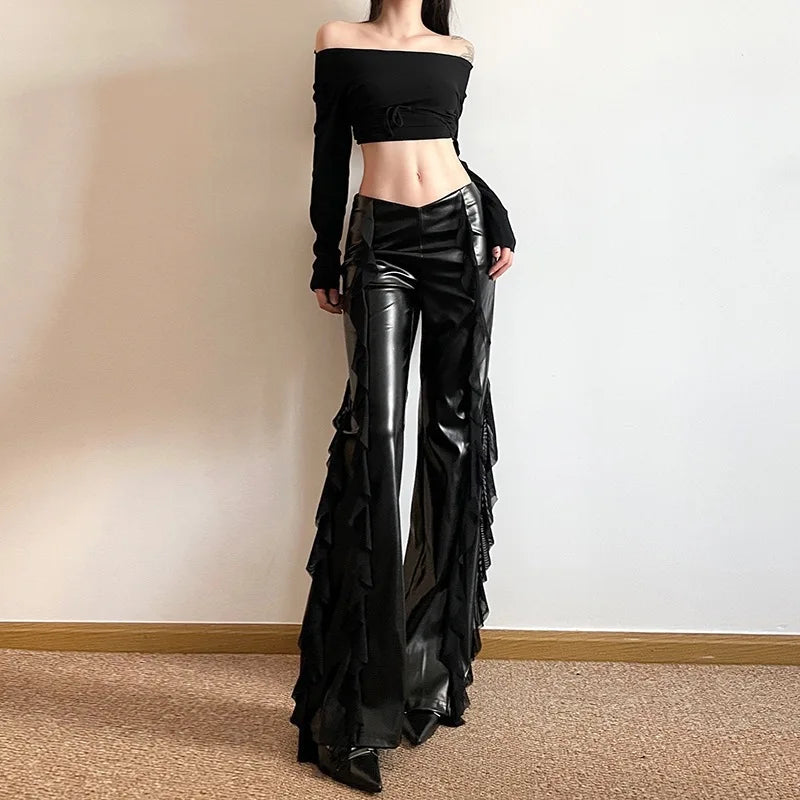 Punk Style PU Leather Pants Gothic Black Lace-paneled Trouser Sexy High-waisted Slim Flared Pants 2026 Summer Women's Clothing