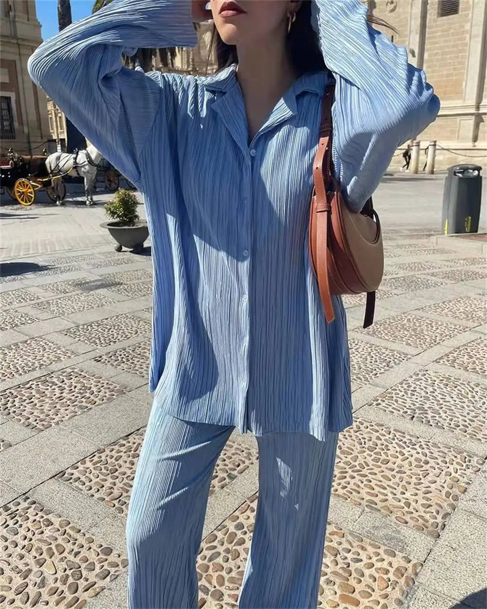 New Two Piece Set Women Outfits Pleated Women's Elegant  Drape Loose Sets Shirt High Waist Trousers Female Suit Fashion Casual