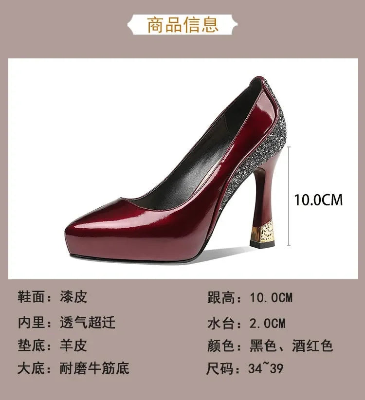2025 Spring New Pointed Shallow Patent Leather High Heels Fashion Elegant Shoes for Women Thin Heel Platform Work Pumps Zapatos