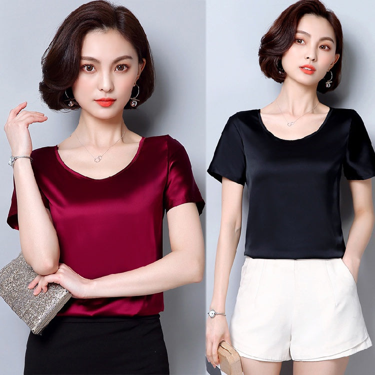 New outer wear silk round neck sling top satin short-sleeved stretch T-shirt large size bottoming shirt women