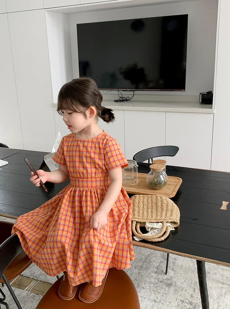 Summer Casual Baby and Girls Cotton Plaid Single-Breasted Short-Sleeved Lace Up Back Dress Kids Lovely Outfit Clothing 2-8 Years