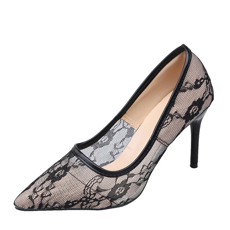 2024 Summer New Europe and The United States Sexy Slim High Heels for Women Slim Heel Shallow Mouth Pointed Lace Single Shoes