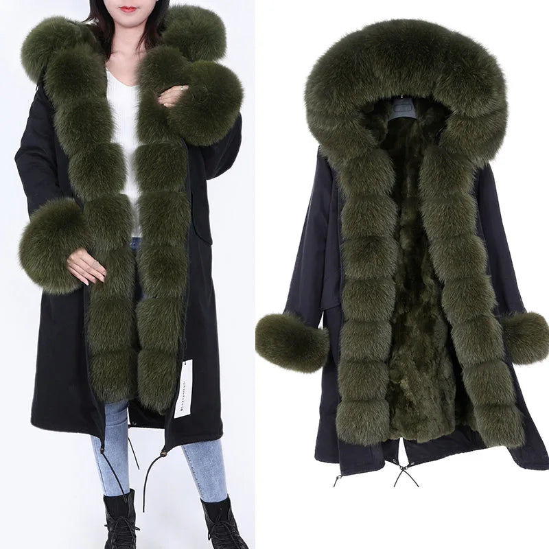 Maomaokong Winter Woman Natural Fur Overcoat Plus Size Black Parkas Raccoon Real Fur Lining Extra Larg Warm Jacket Coats Long