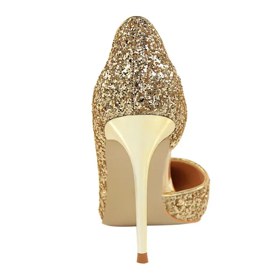 Plus Size 34-43 Women 9.5cm High Heels Stripper  Bling Glod Red Silver Scarpins Pumps Lady Stiletto Wedding Bridal Fetish Shoes