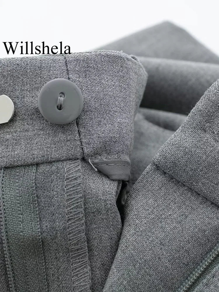 Willshela Women Fashion 2 Piece Set Grey Single Breasted V-Neck Vest & Vintage High Waist Shorts Female Chic Lady Shorts Set