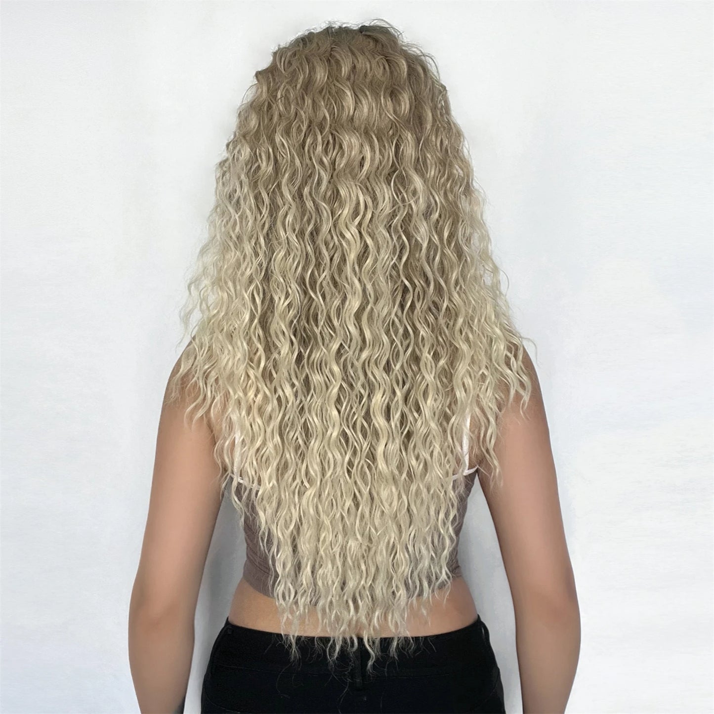 Long Afro Kinky Curly Lace Front Synthetic Wigs Brown Blonde Ombre Wig Dark Root Transparent Deep T Part Lace Wig for Women Use