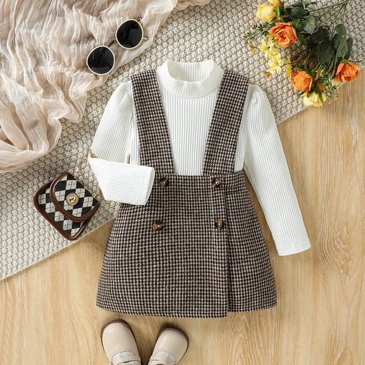 Children Autumn Fashion Clothes 2 Pieces Suit White Turtleneck Ribbed Tops+Plaid Suspender Skirt Kids Sets Clothes  Casual 1-6Y