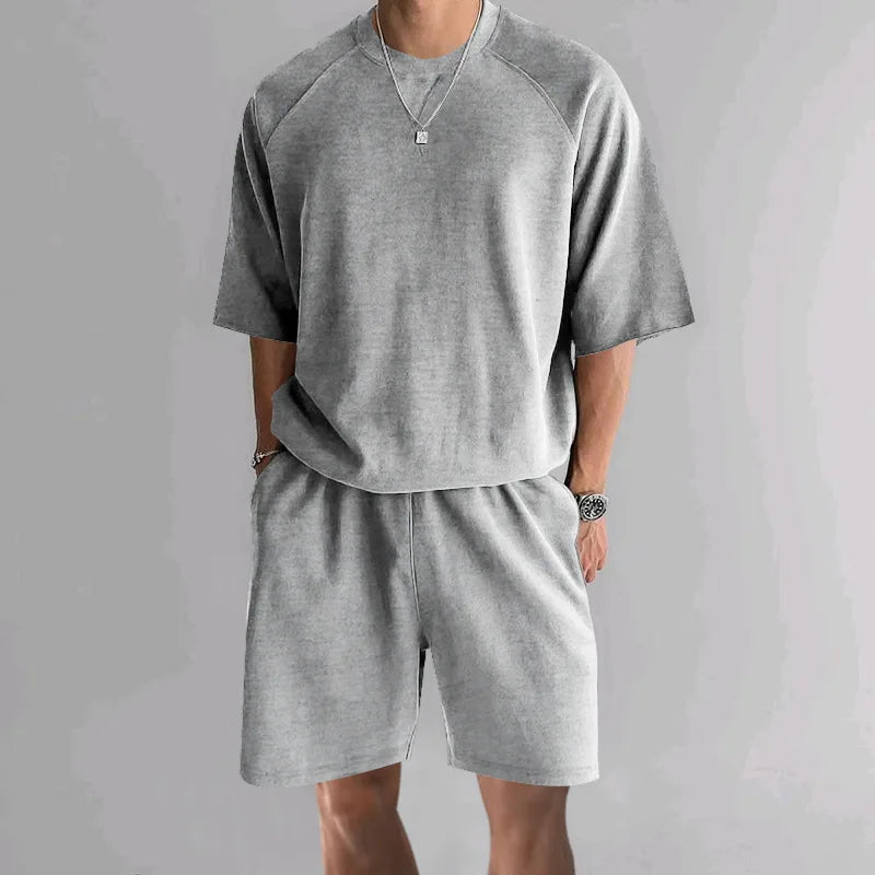 New 2026 Summer Men's Two Piece Sets Casual Loose Short Sleeve O Neck Tees and Shorts Tracksuits Men Stylish Solid Color Suits