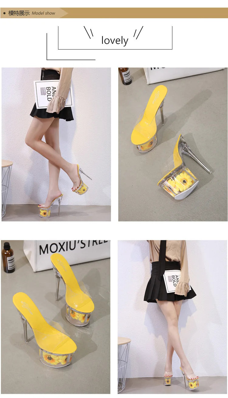 Crystal Transparent Shoes Women 17.5CM Super High Heels Plus Size Nightclub Sandals Clear Thin Heeled Fashion Female Slippers