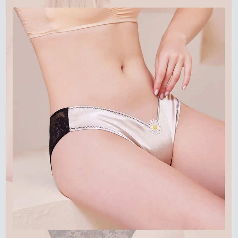 European Sizes Satin Luxury Style Women Sexy Low Waist V Shape Lace Flower Underwear Breathable High Stretch Soft Panties Breifs