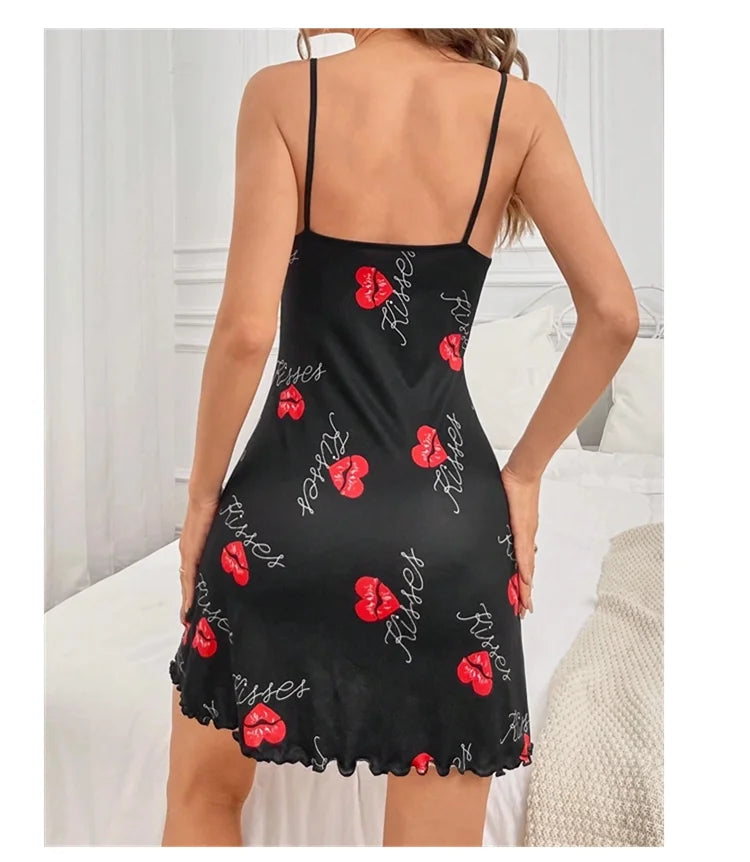 Heart Print Lettuce Trim Slip Nightdress Casual Round Neck Backless Night Dress Women's Sleepwear Home Loungewear Pyjama Femme