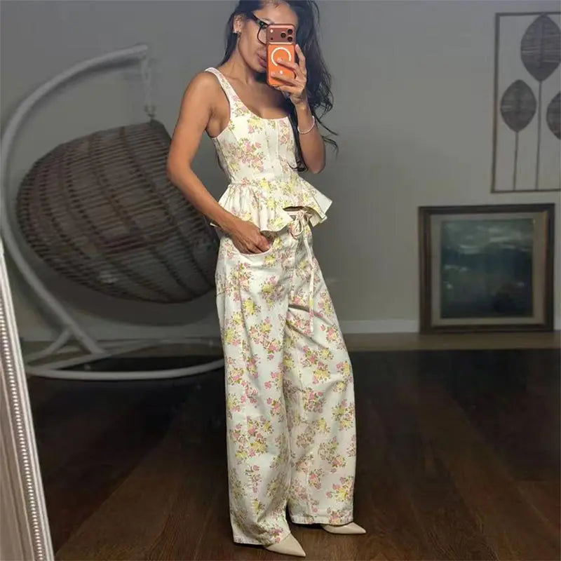 Floral Printed Women Long Pants Set Elegant Sleeveless Backless Vest Wide Leg Trousers Chic Holiday Vacation Lady Summer Outfits BAZAARHUBO
