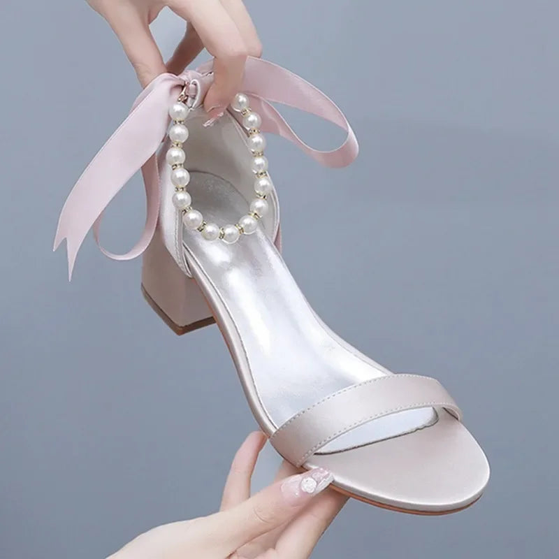 String Bead Sandals for Women Summer Peep Toe Sandals Ladies Fashion Ribbon Bow Thick High Heels Sexy Wedges Wedding Shoes 35-43