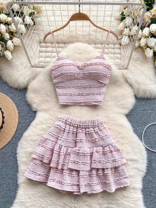 Sexy Two Pieces Sets Forwomen Chic Sexy Short Straps Tank Top with High Waist Mini Skirt Suit Summer Sweet Pleated Skirt