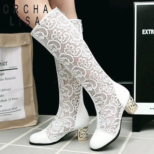 ORCHA LISA Spring Summer Boots Shoes Women Med Heels Knee Flower Lace Female Zipper Glitter Sexy White BiG Size 43 44 45