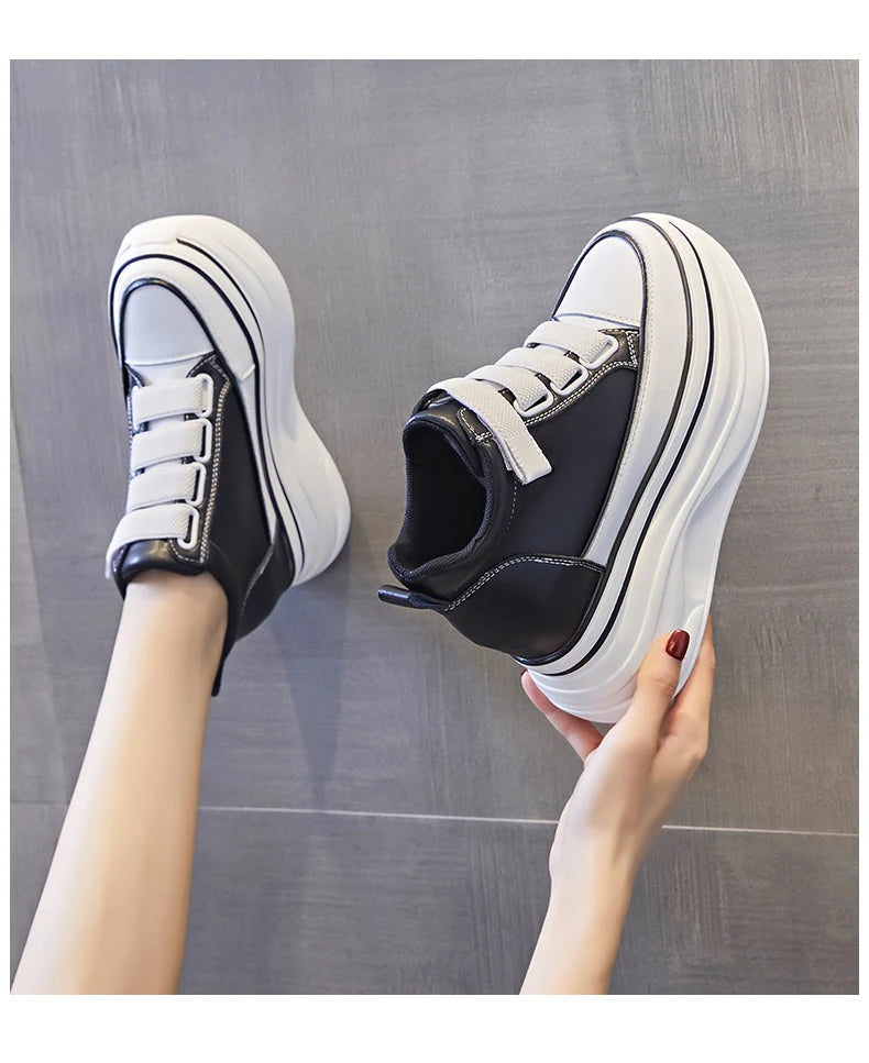 10cm Genuine Leather Platform Wedge Mid Calf Ankle Motorcycle Booties Non Slip Hidden Heel New Women Slip-On Autumn Spring Shoes