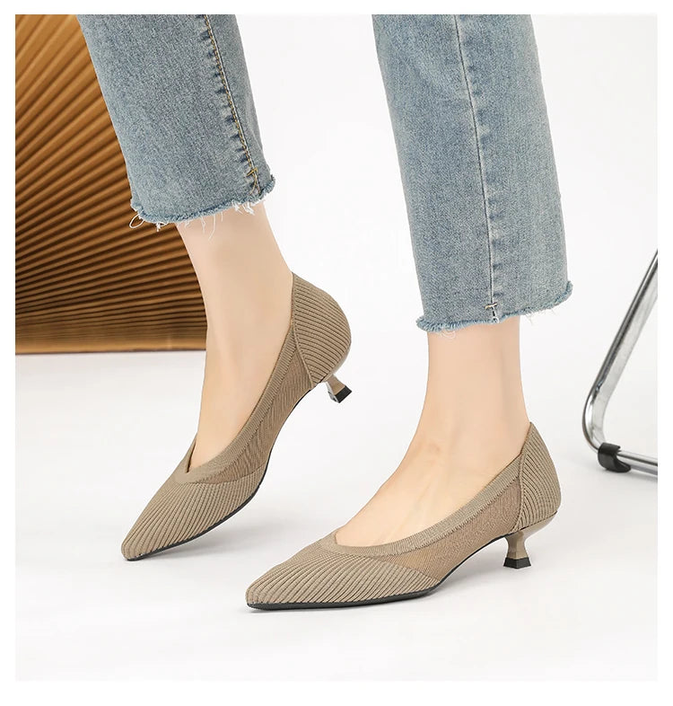 Women's High Heels 2025 New Knitted Breathable Mesh Fine Fashion Comfortable Lightweight Shoes Spring and Autumn