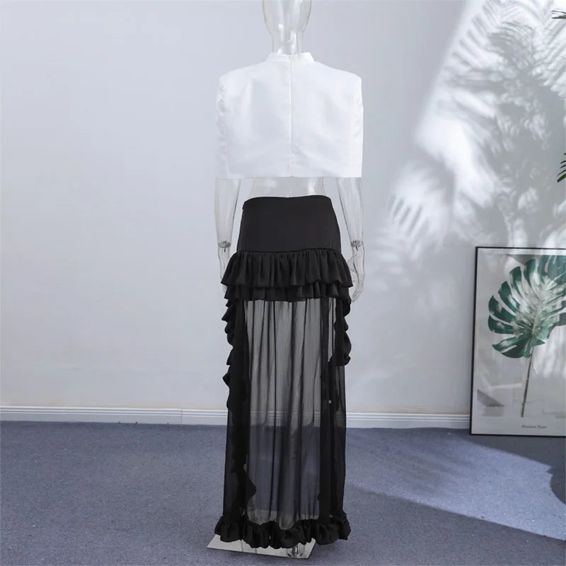 Elegant Stand Collar Women's Cape Skirts Suit Pocket Crop Tops Pleated Mini Skirt Lady Set 2026 Summer Autumn Female Outfits