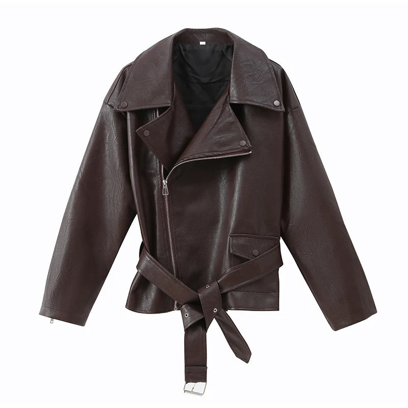 Casual Dark Red  Zipper Leather Short Jackets Women Long Sleeve Lace Up Lapel Loose Button Coat Lady Daily High Street Wear 2026