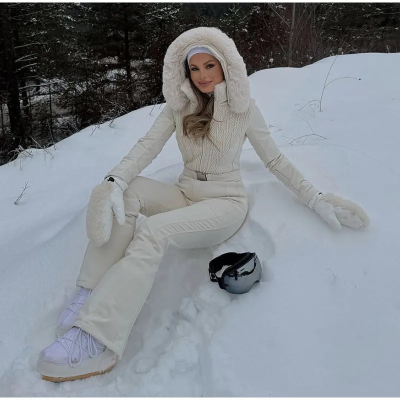 Women  Fur Collar Hooded Skiwear Fashion Solid Thicken Zipper High Waist Slim Outdoor Overalls Jumpsuit  Lady Winter Outwear