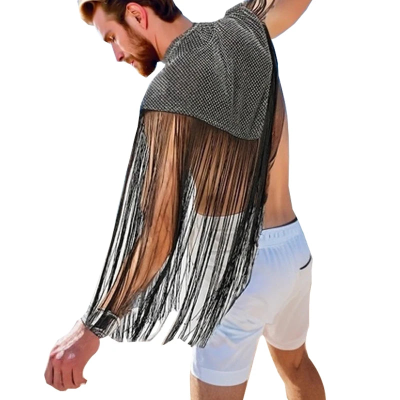Men's Clothing Irregular Tank Tops Fashion Vests Tassel Patchwork Turtleneck Sleeveless Streetwear Leisure Sexy Cloak Ponchos