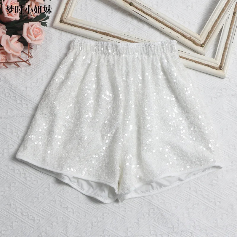Women's Sexy Sequined Shorts High-waisted Wide-leg Pants Elastic-waisted Casual Hot Pants