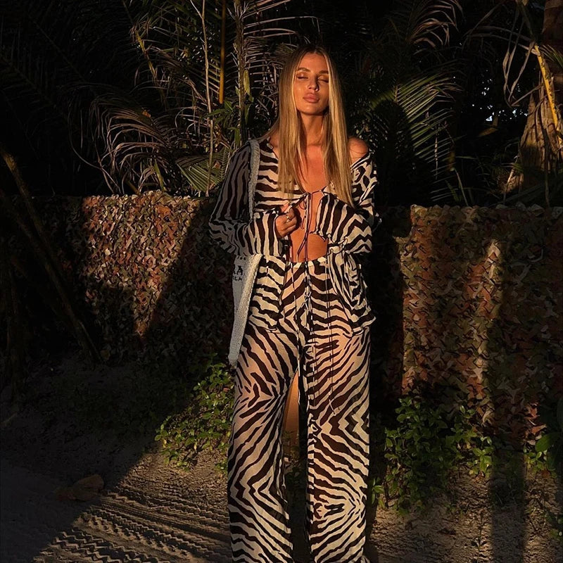 Cryptographic Animal Print Mesh Sheer Stripe Tie Front Detail Top Matching Sets Fashion Outfits 2 Piece Sets Holiday Beachwear