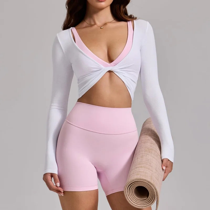 Sexy Twist Front  Long Sleeve Crop Top Women Ribbed Slim Yoga Clothing Quick Dry Gym Long Sleeved Shirt Run Workout Sportswear