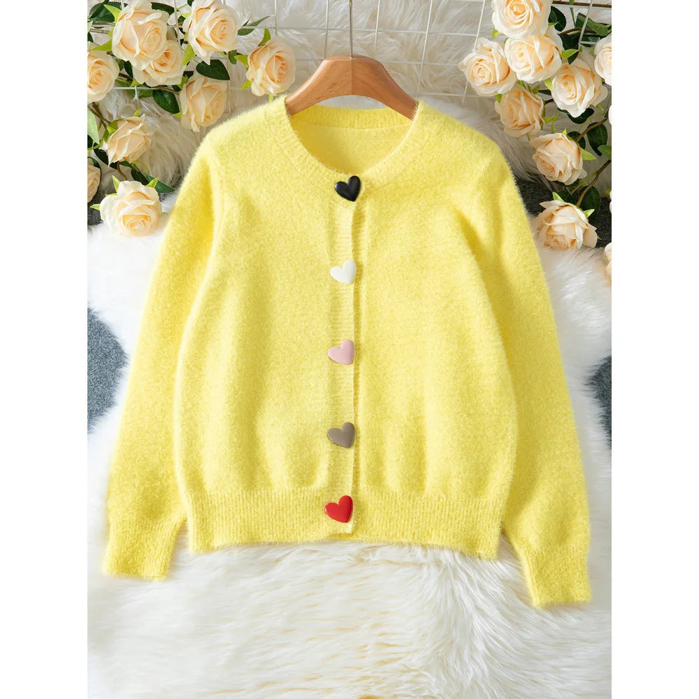 Autumn Winter Fashion Yellow Cardigan Women Heart Button Long Sleeve Knit Sweater Outerwears